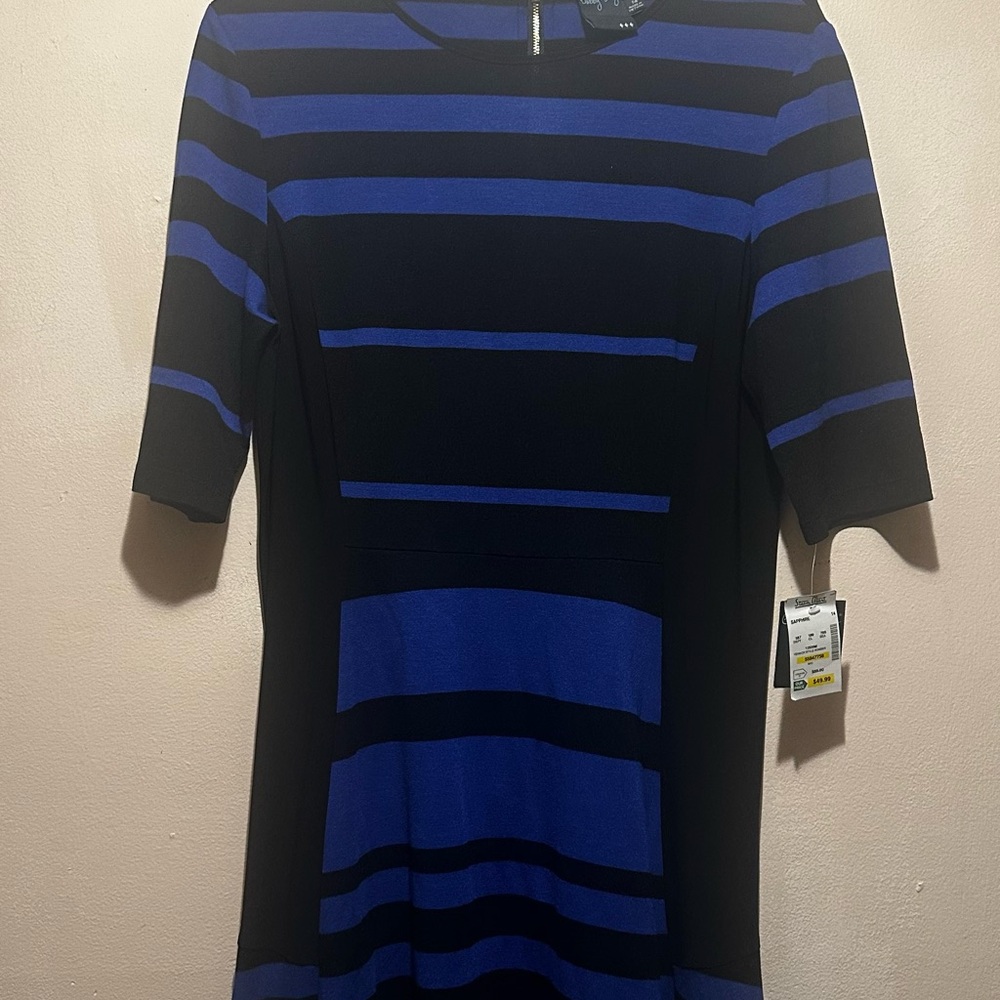 Gabby Skye Black and Blue Striped Midi Dress
